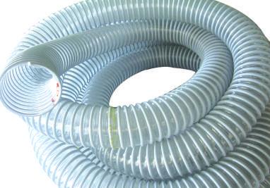 Light and highly flexible transparent hose with grey / white spiral reinforcement.
