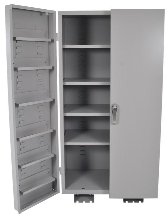 All welded construction; Industrial strength: 16 gauge steel; Adjustable shelves in 2" increments; Full door opening with space for plastic bins on some models; Shelf capacity of 500 lbs; Baked