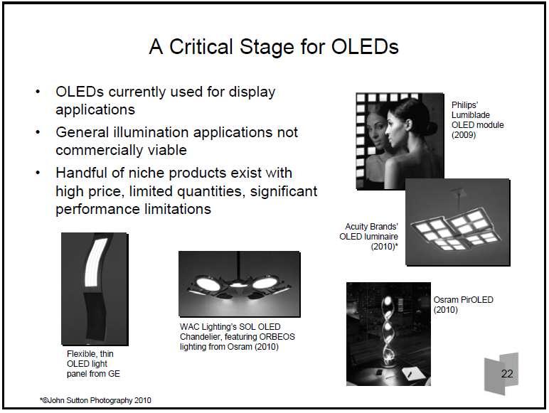 Dr. Brodrick described main challenges that are now facing for OLEDs to enter general illumination in big volumes: 1) Technical issues Some lab devices can compete with conventional technologies in
