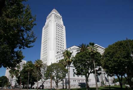 Buildings within the Civic Center district of Central Los Angeles are primarily mid-rise structures with large open space