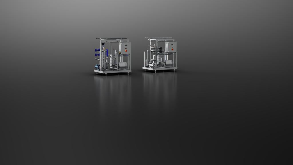 The images show a "MiniFlash" system (left) and a "MiniFlash Electric" system (right), both with extra equipment. Our MiniFlash pasteuriser for fruit juice is intended for smaller companies.