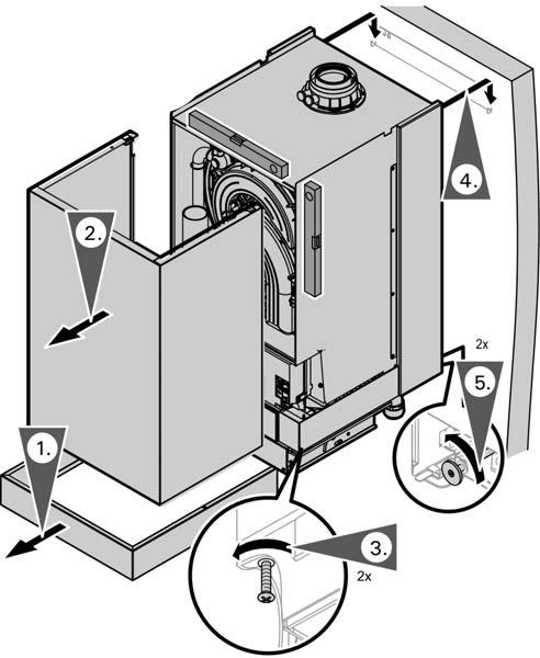 Models B2HB 45, 57, 160, 199 Wall Mounting 1. Remove the external accessories connection box cover. 2. Loosen the screws at the bottom of the boiler (do not remove completely). 3.