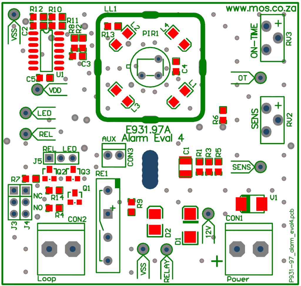 97A Low Power PIR controller IC Sensitivity: CW=Less Sensitivity R is used with regulator R5 can be used for direct 3V Use REL or LED signals for the AUX