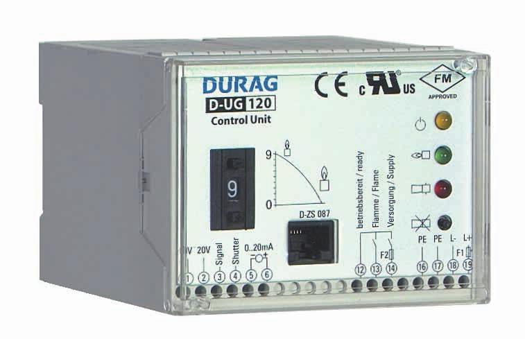 D-UG 120 Control unit Self-monitoring and fail-safe control unit for monitoring gas, oil and coal flames with DURAG UV, UV+IR or IR flame sensors, primarily in single burner view applications D-UG
