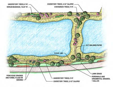 Example of site landscaping in pond area 2. The environment is pedestrian accessible with a continuous nature p ath along pond edges, above the high water level.