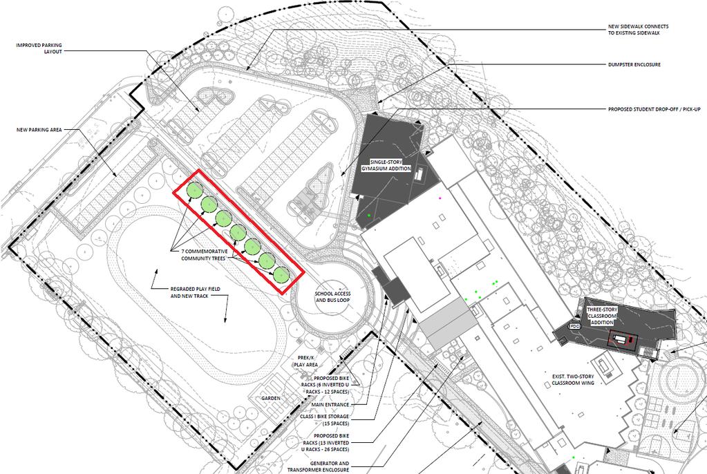 added to an existing tree when moving counterclockwise around the school track. The proposed location of the new commemorative trees are indicated within Figure 12 below.