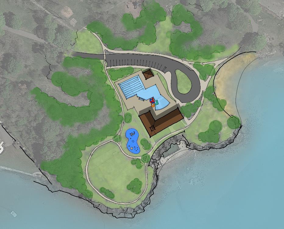 CONCEPT 1 Pros: One pool= fewer systems: 8 lane lap pool zero depth entry leisure area with a slide learn to swim area Splash deck available even if pool area closed Building located with views out