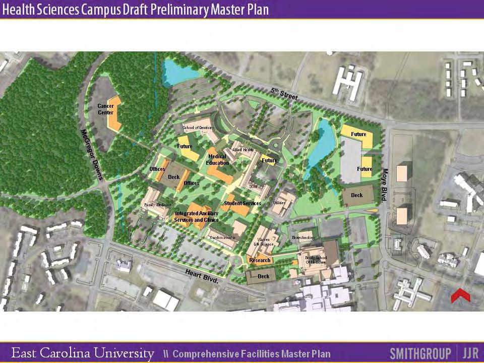 This slide illustrates a overview of the Health Sciences Campus Preliminary Master Plan.