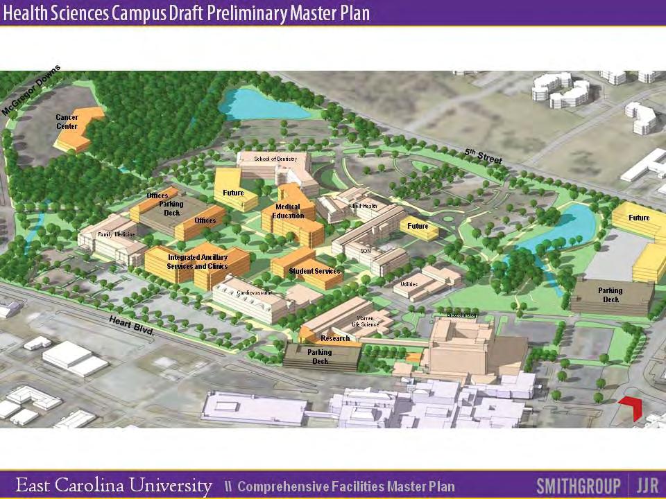 This slide illustrates a perspective view of the Health Sciences Campus Preliminary Master Plan.