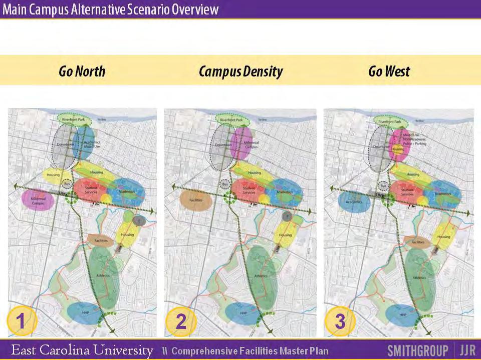 The master plan team created three alternative scenarios for the Main Campus. These bubble diagram illustrations show a comparative overview of each.