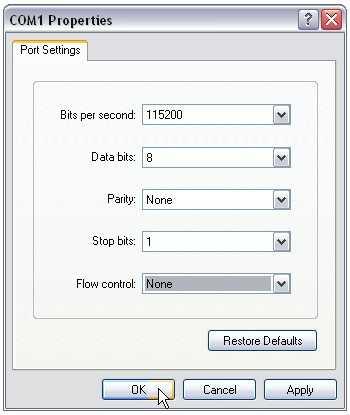 6 5. Select the following COM port options: Bits per second: 9600 Data bits: 8 Parity: None Stop bits: Flow control: None Once