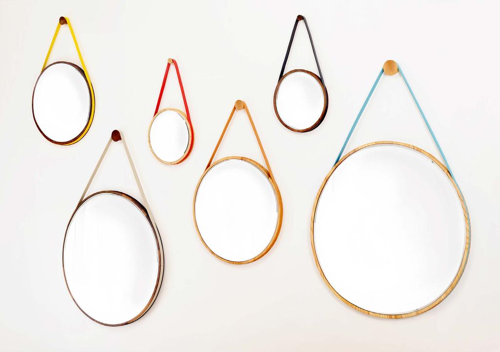 light tan yellow ivory colours leather strap royal blue moss green red mid green bordeaux turquois sand LOOP MIRROR LOOP MIRROR A circular mirror suspended by a leather strap hung from a fixed wall