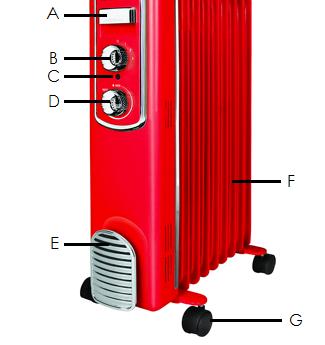 HOW TO USE PARTS DESCRIPTION A- Handle B- Off and power setting C- Indicator light D- Thermostat E- Cable storage F- Heating fins G- Wheels ASSEMBLY Unpack the heater and the accessories.