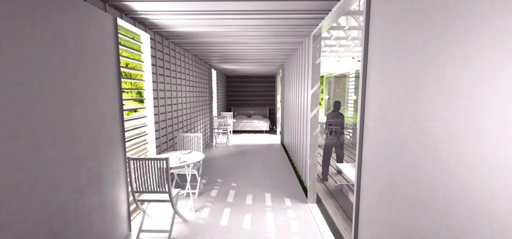 The M-Power dwelling combines public and private spaces in three linear zones. Two climate-controlled living spaces are separated by a shaded deck.