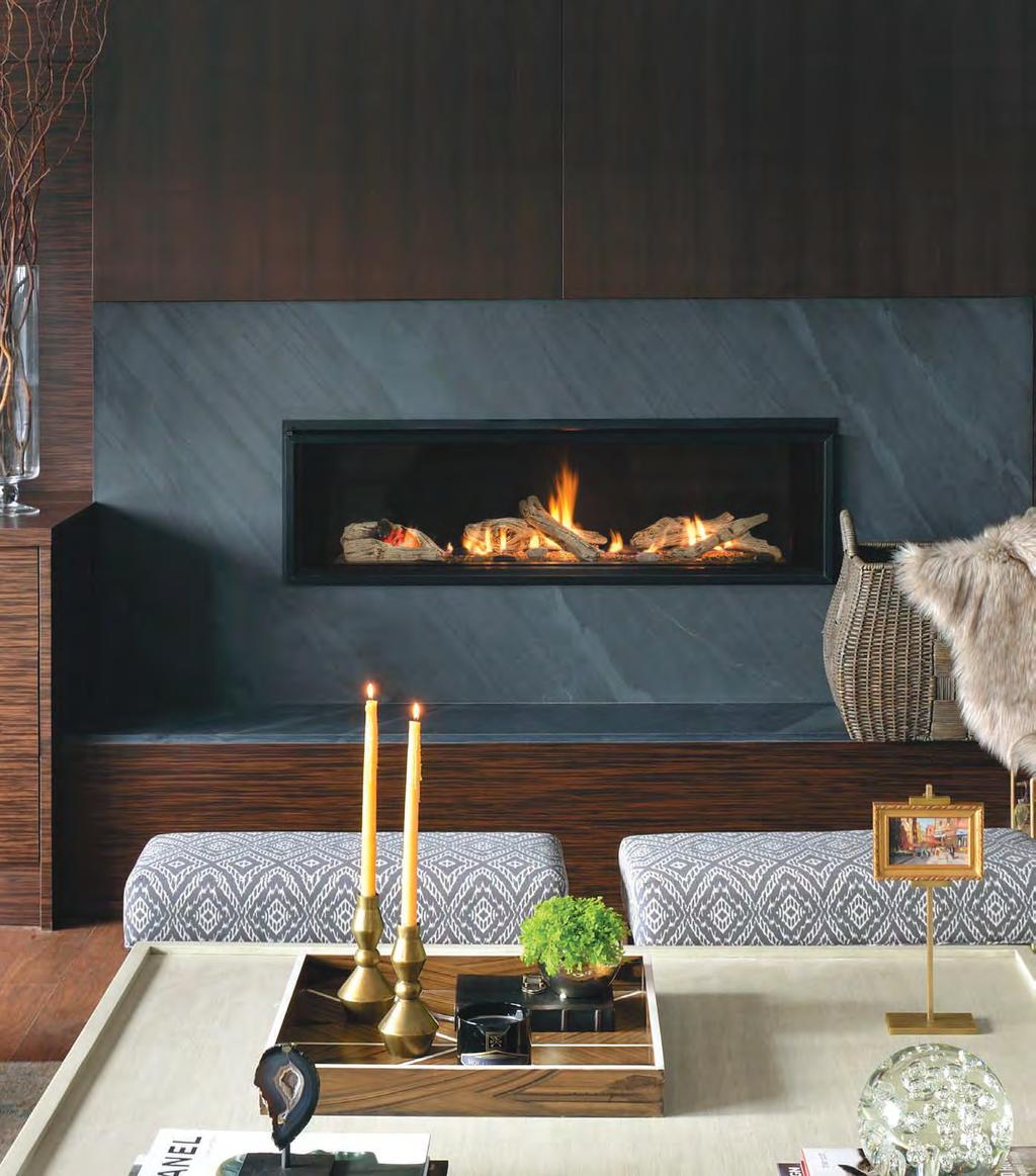 L2 1700J Linear ZC Fireplace with 1775LFB 1 Adjustable Finishing Trim in Black Powder Coat, 1715FBL Fluted Black Liner and 1705DWK Long Beach Driftwood Fire L2 FIREPLACE COMPONENTS (50 viewing area)