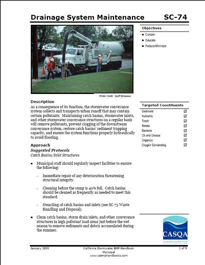 IDDE & Storm Drain Maintenance Requirements Guidance California Stormwater Quality Association s (CASQA s) - California Stormwater BMP Handbook (Municipal)