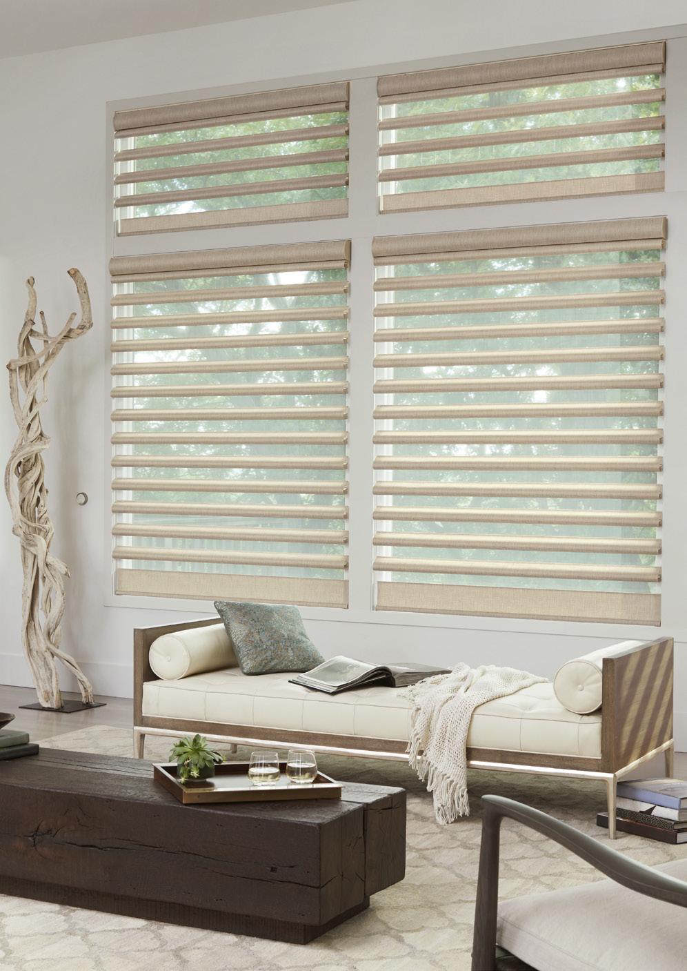 Luxaflex Pirouette Shadings Pirouette Shadings are made of 100% polyester, which means they are inherently durable and resilient.