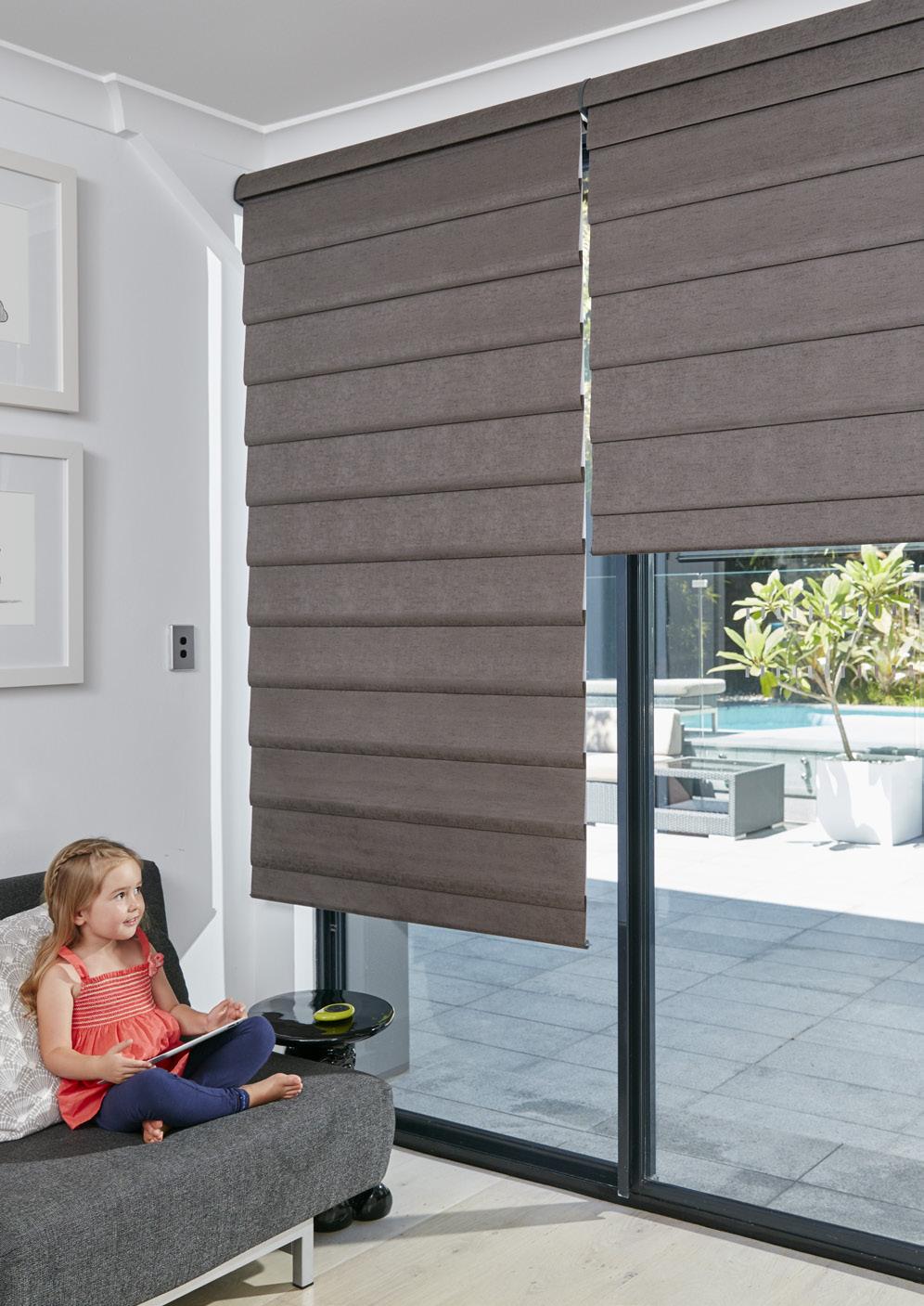 Luxaflex Modern Roman Shades Modern Roman Shades are made with anti-static, dust-resistant fabrics that repel dirt and dust. For most fabrics, the following cleaning options are available.