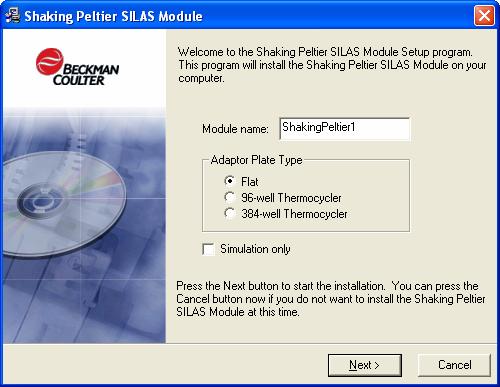 12 Shaking Peltier Device 4. Double-click Shaking Peltier Module Install.exe to launch the install program. Shaking Peltier SILAS Module appears (Figure 1-9). Figure 1-9.