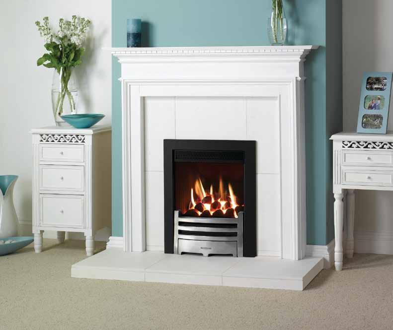 Logic HE Conventional flue fire, coal fuel bed and Highlight Polished Arts front with Matt Black Box Profil frame. Also shown: Small Kensington mantel from Stovax.