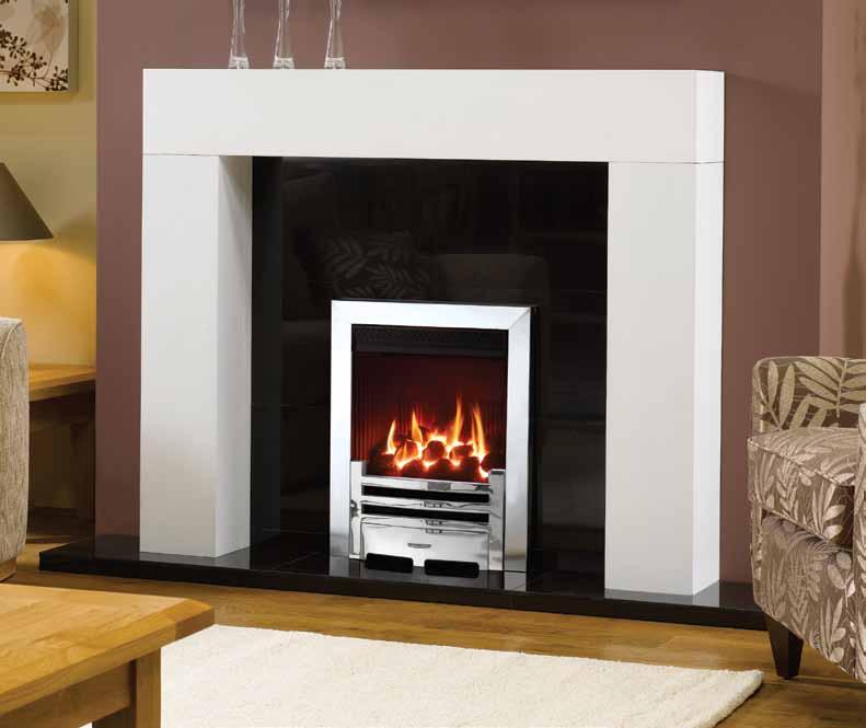 Fire Information Logic HE Balanced flue fire, coal fuel bed, with Polished Chrome Arts front and Polished Stainless Steel-effect Box Profil frame. Also shown: Malmo mantel from Stovax.