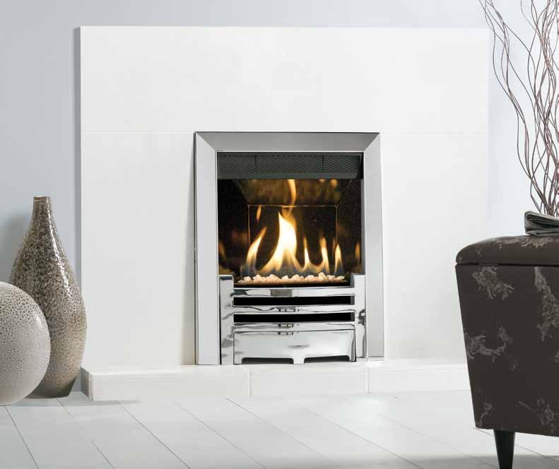 E-Studio TM E-Studio fire with Polished Chrome Arts front and Brushed Stainless Steel Arts frame. Also shown: Parisian White fireplace surround tiles (available from Gazco).