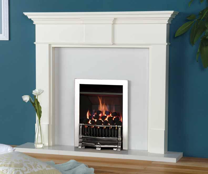 Convector or Tapered? VFC Convector fire with Highlight Polished Holyrood front and Polished Chrome Profil frame. Also shown: Pembroke mantel from Stovax.