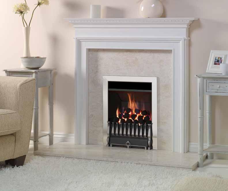 VFC Convector fire with Highlight Polished Spanish front and Polished Stainless Steel Profil frame. Also shown: Small Kensington mantel from Stovax.