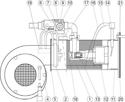 Structure of the burner unit Fig. 2: Burner unit 1. Controller 2. Air differential pressure switch 3. Fan air restrictor plate 4. Fan 5. Air baffle plate (only 15 / 20 / 30 / 40U) 6.