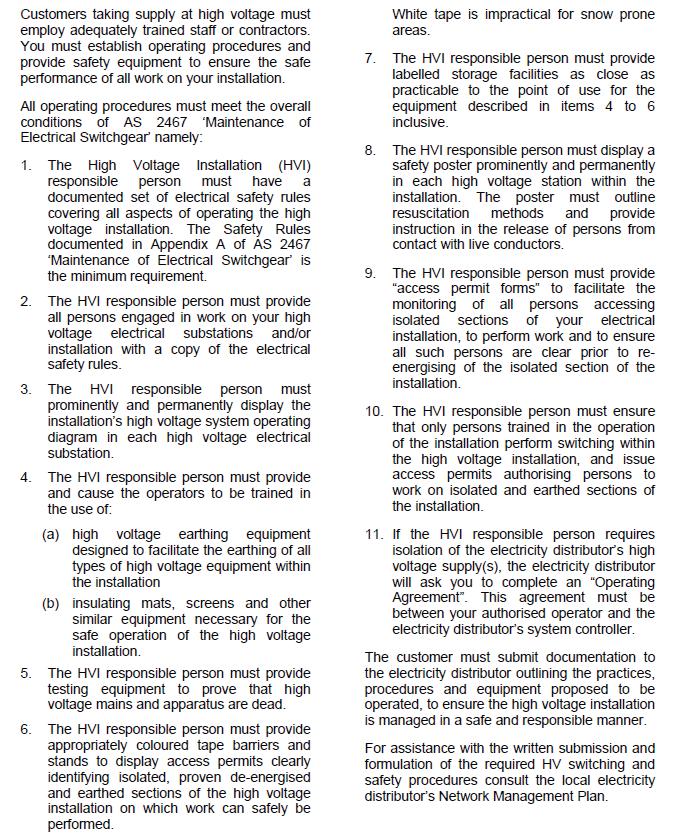 6 Appendix B - Schedule of Minimum Operating Procedures and Safety Equipment - HV Installations (Extract from