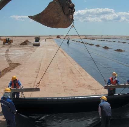 A giant lagoon facility in Kazakhstan, of some 1,400,000 square metres (350 acres), designed to contain process liquid waste for an oil company, was lined in 7 months site work.