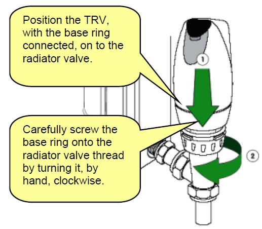 With the pin retracted, the ZIG-TRV-01 can be attached to the radiator valve. Do not over tighten the base ring as this could unseat the base ring pegs.