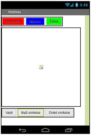 Piešimo srities išvalymo ir skritulių dydžio keitimo mygtukai Dizainerio lange Palette/Layout pasirenkamas objektas HorizontalArrangement ir įkeliamas žemiau piešimo srities Palette/User Interface