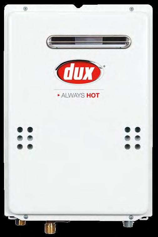 Dux gas continuous flow water heaters heat the water only as needed, not wasting energy by keeping water in a tank