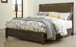 earthy appeal Made with Mindi veneers and hardwood solids in a weathered gray color Sleigh headboard has lay-back design with inset metal trim and