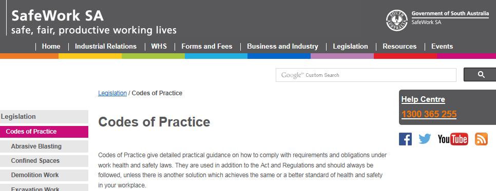 SafeWork SA Use of Codes of Practice Codes of Practice give detailed practical guidance on how to comply with requirements and obligations under work health and safety laws.
