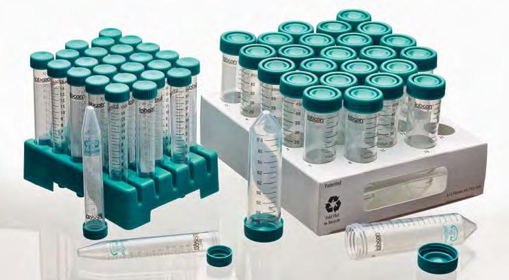 SuperClear 15mL and 50mL centrifuge tubes USP CFR LTM CE ATP RD END -80 122 Patented racks fold flat for recycling.