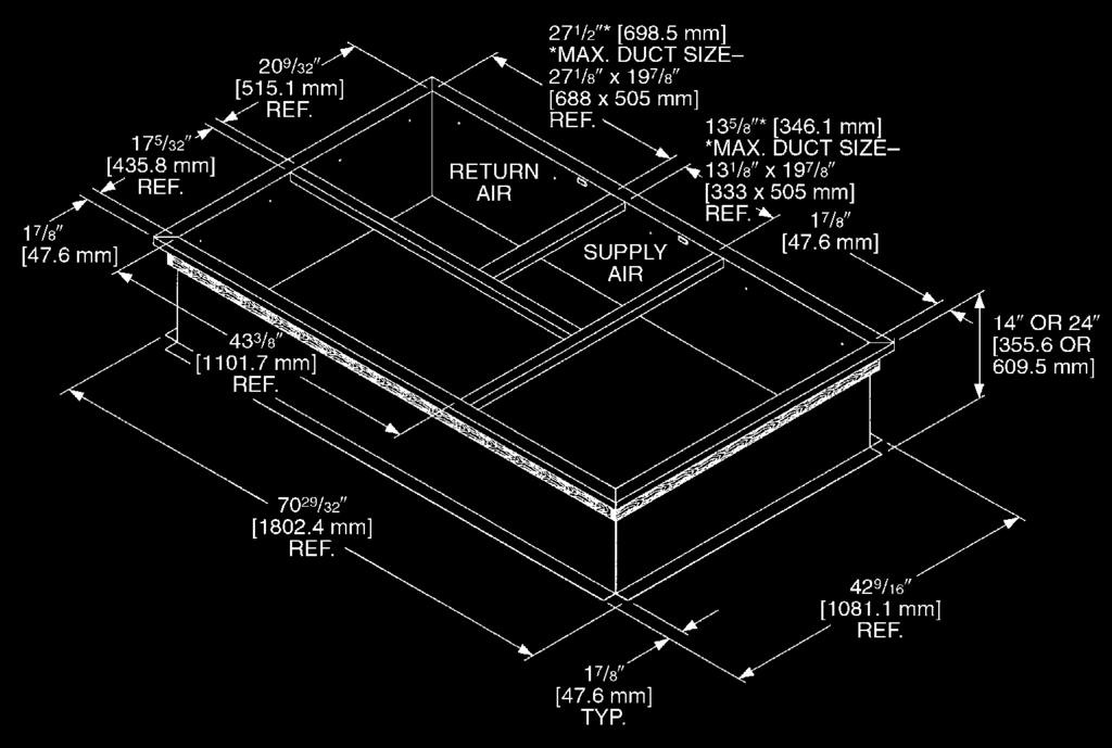 Accessories ROOFCURBS (Full Perimeter) n Ruud s new roofcurb design can be utilized on 3 through 7.5 ton [21.1 kw] models. n Two available heights (14" [356 mm] and 24" [610 mm]) for ALL models.