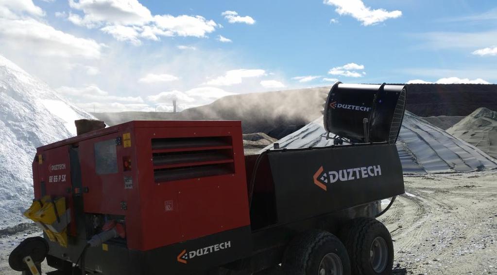 TWG mist cannon Trailer - Water tank - Genset The DUZTECH TWG is a self contained dust suppression system. The mist cannon is mounted on a trailer with integrated water tank and generator set.