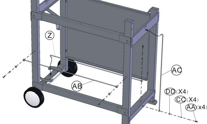 Push down on the upper side beam until it locks into place, insert one bolt (AA), one spring washer (CC) and one flat washer (DD) into each hole on the legs. Tighten by hand until secure.