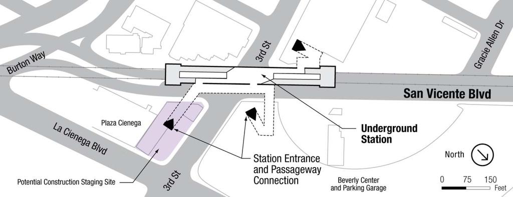 5.2.6.5 Beverly Center Area The Beverly Center Area Station would be located at the intersection of N. San Vicente Boulevard and West Third Street. The potential entrances are shown on Figure 5-28.