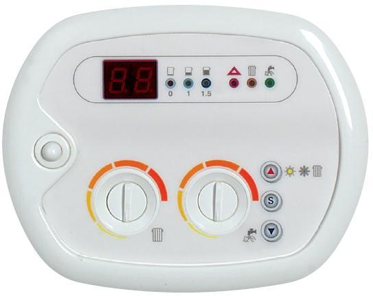 SERVICING AND MAINTENANCE INSTRUCTIONS_ CONTROL PANEL 1 ON / OFF POWER BUTTON 13 WATER DEFICIENCY INDICATOR 2 HEATING TEMPERATURE ADJUSTMENT KNOB 12 WATER PRESSURE LEVEL 1 BAR INDICATOR 3 DOMESTIC