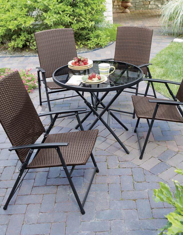WICKER FOLDING This stylish steel set with good-looking wicker seating gives you the added