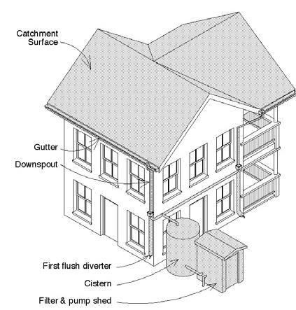 Rainwater Harvesting Requirements Consist of: Catchment Foot print of roof Conveyance