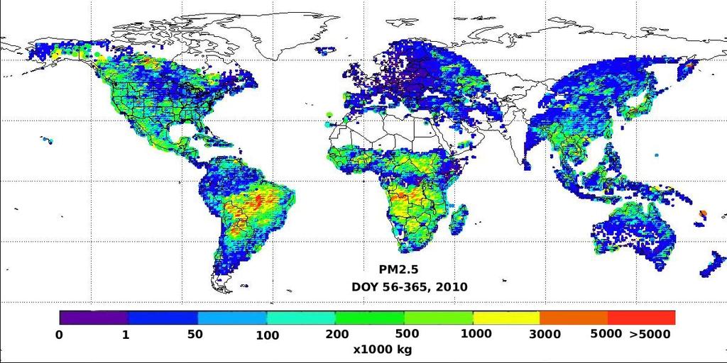 Annual Global Biomass Burning Emissions for 2010 No coverage over high latitudes from geostationary satellites GOES-E