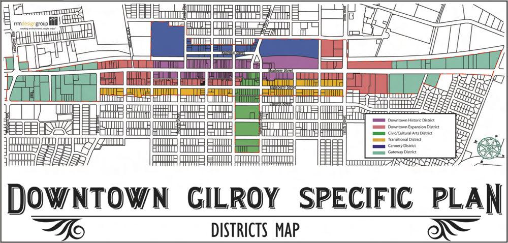 Figure 2.9 Downtown Districts Map with the Downtown GIlroy station area boundary (Source: Downtown Gilroy Specific Plan) Downtown Historic District Max FAR: 2.