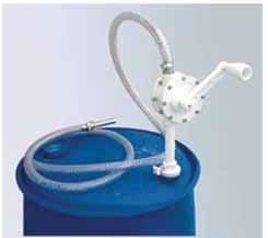 DRUM AND TOTE DISPENSING SOLUTIONS MANUALLY OPERATED ROTARY HAND PUMP Industrial-grade polypropylene housing Flow rate: 6 gpm 2" bung adaptor 10'
