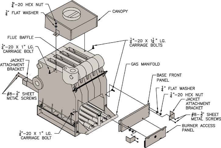 Figure 5: General Assembly (Knockdown Boilers) F. Move boiler to permanent location by sliding or walking. Do not drop. For Packaged Boiler, proceed to Paragraph L. G. Confirm that one (1) Flue Baffle is properly positioned in each Boiler Flueway.