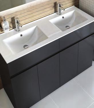 Curvaceous freestanding furniture units with integral basins. The rounded doors open wide, allowing for greater use of space and functionality.