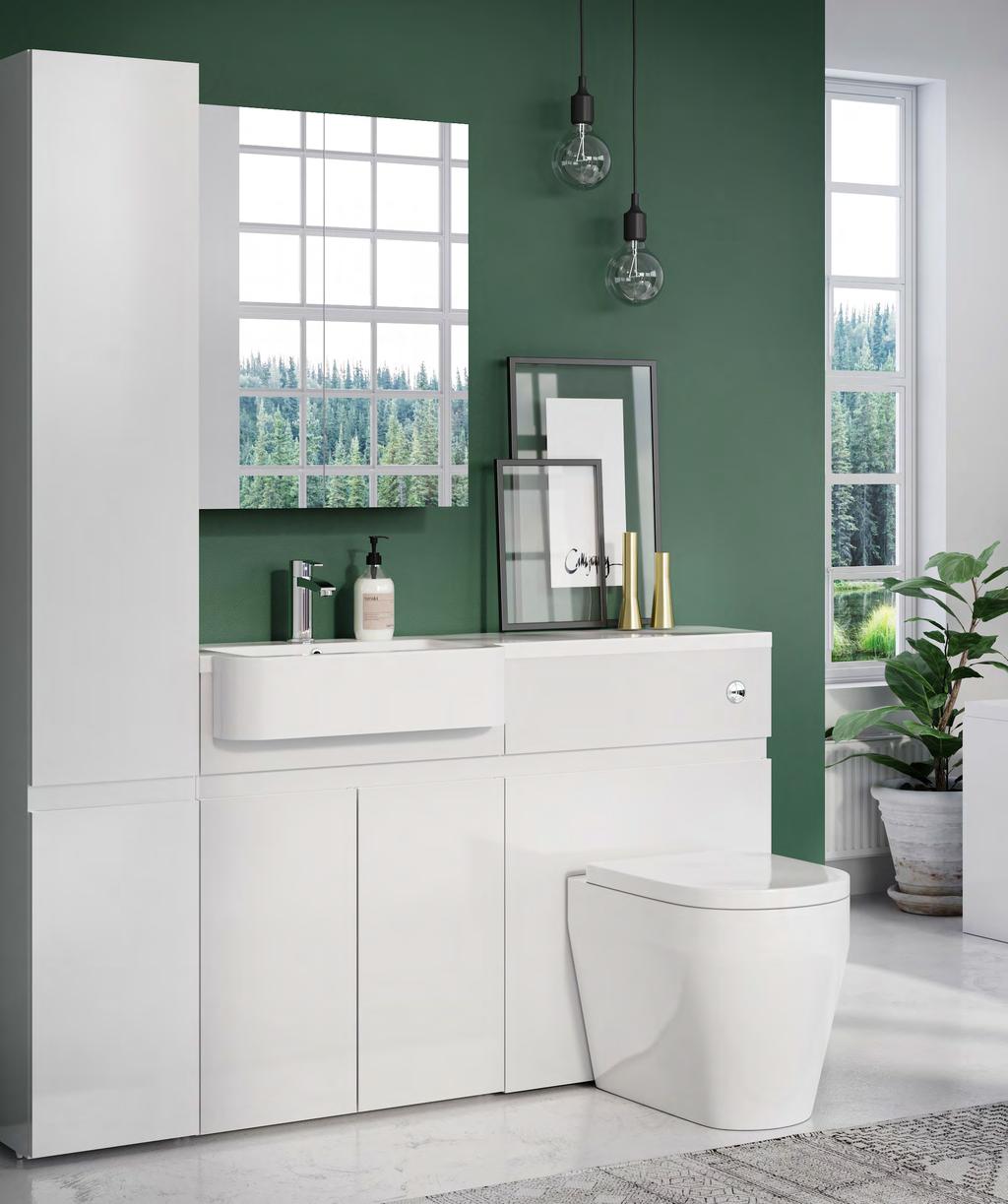 D30 FITTED FURNITURE FURNITURE THE ILLUSION OF SPACE A fitted bathroom with a straight line of base and wall cabinets covering one wall, often looks bigger than one with free-standing individual